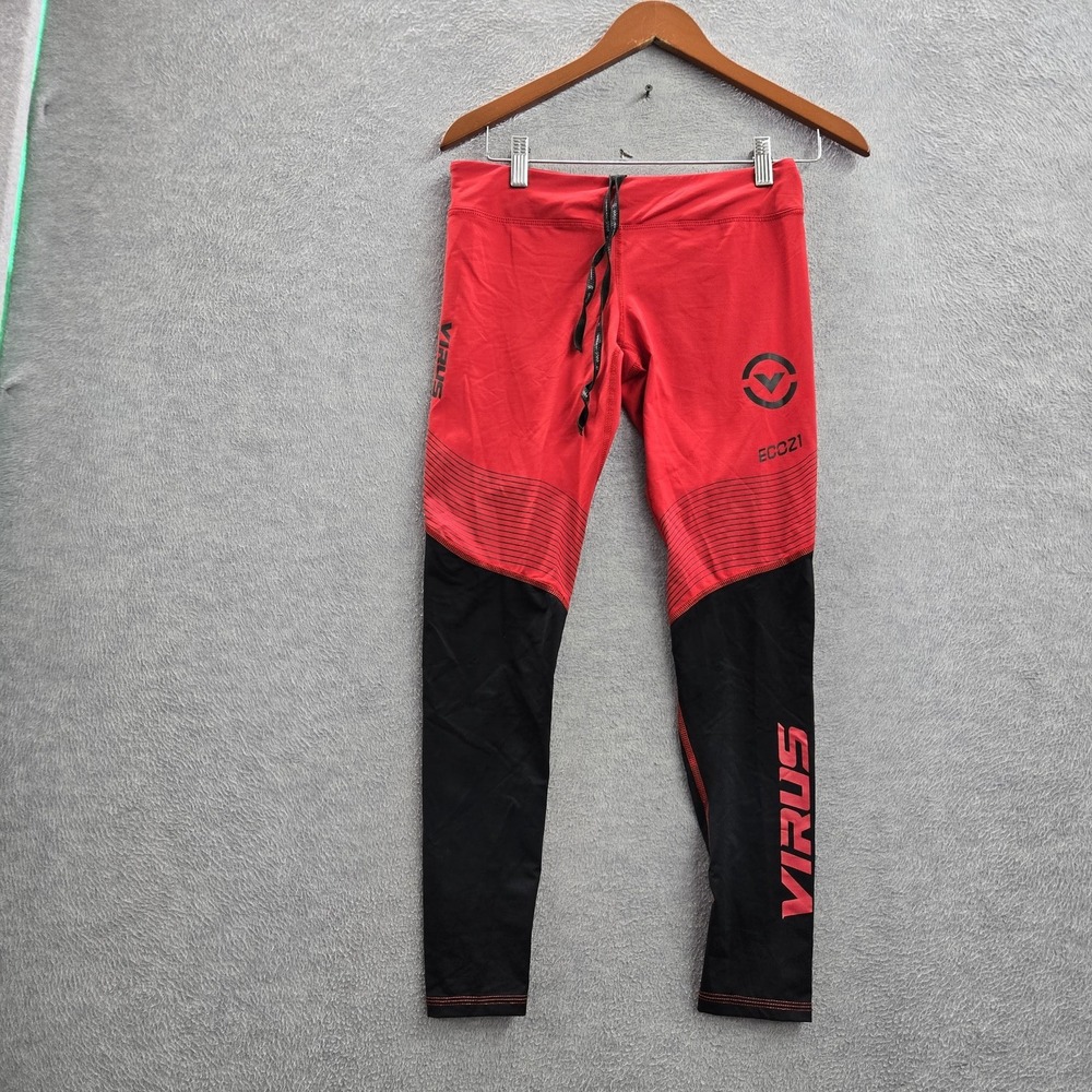 Virus Women Activewear Pants M Red Nylon Spandex Colorblock Logo Text ECO21